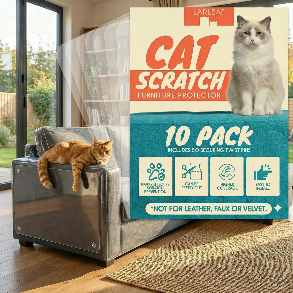 Larleaf 10 Pack Cat Scratch Furniture Protector - Transparent anti-scratch sofa shields with 50 twist pins to stop cats from scratching upholstery. Main image