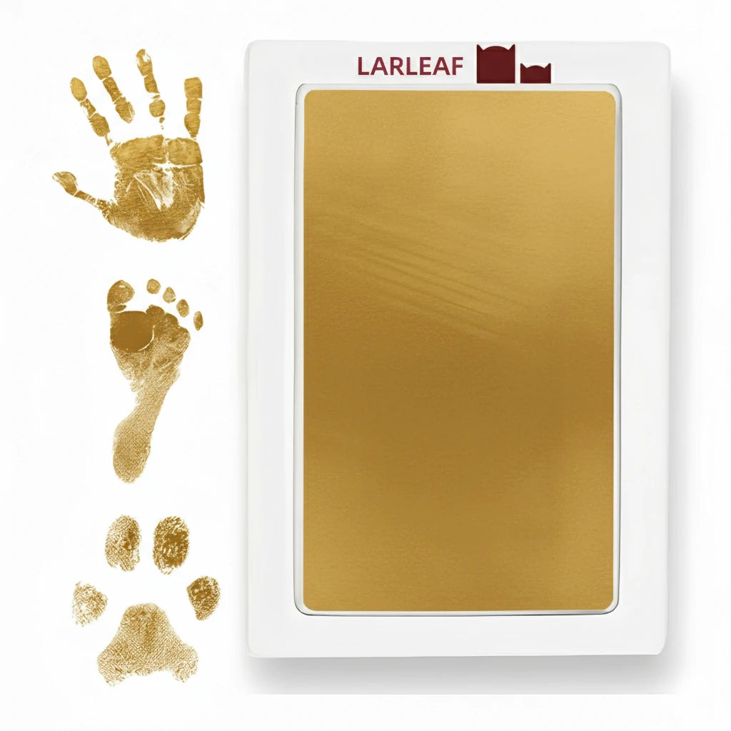LARLEAF gold mess free ink pad and three gold ink impressions: a human handprint, a baby footprint, and a pet paw print.  Designed for newborns and pets. Capture Paw print and nose print.