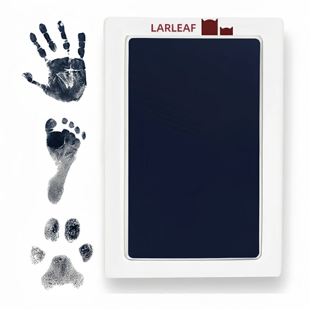 LARLEAF navy mess free ink pad and three navy ink impressions: a human handprint, a baby footprint, and a pet paw print.  Designed for newborns and pets. Capture Paw print and nose print. Main image