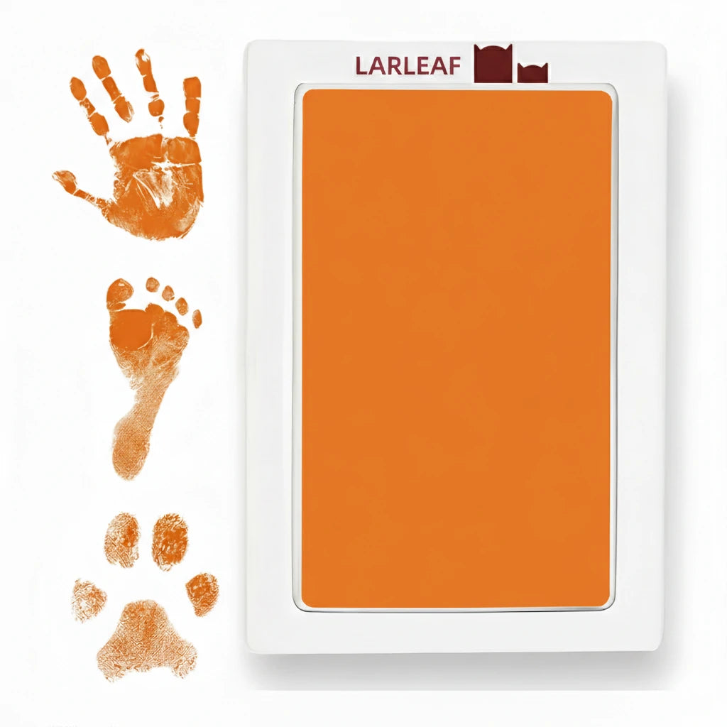 LARLEAF orange mess free ink pad and three orange ink impressions: a human handprint, a baby footprint, and a pet paw print.  Designed for newborns and pets. Capture Paw print and nose print. Main image