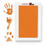 LARLEAF orange mess free ink pad and three orange ink impressions: a human handprint, a baby footprint, and a pet paw print.  Designed for newborns and pets. Capture Paw print and nose print.