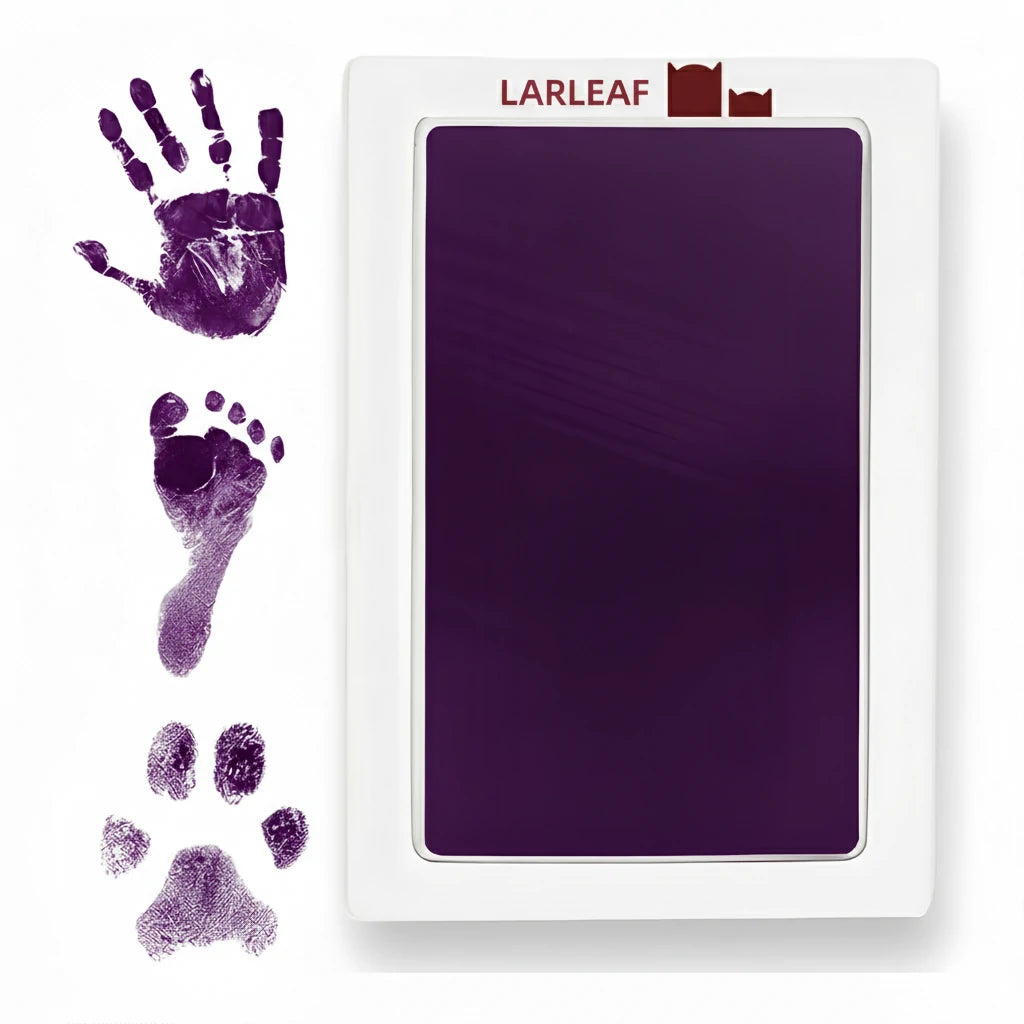 LARLEAF purple mess free ink pad and three purple ink impressions: a human handprint, a baby footprint, and a pet paw print.  Designed for newborns and pets. Capture Paw print and nose print.