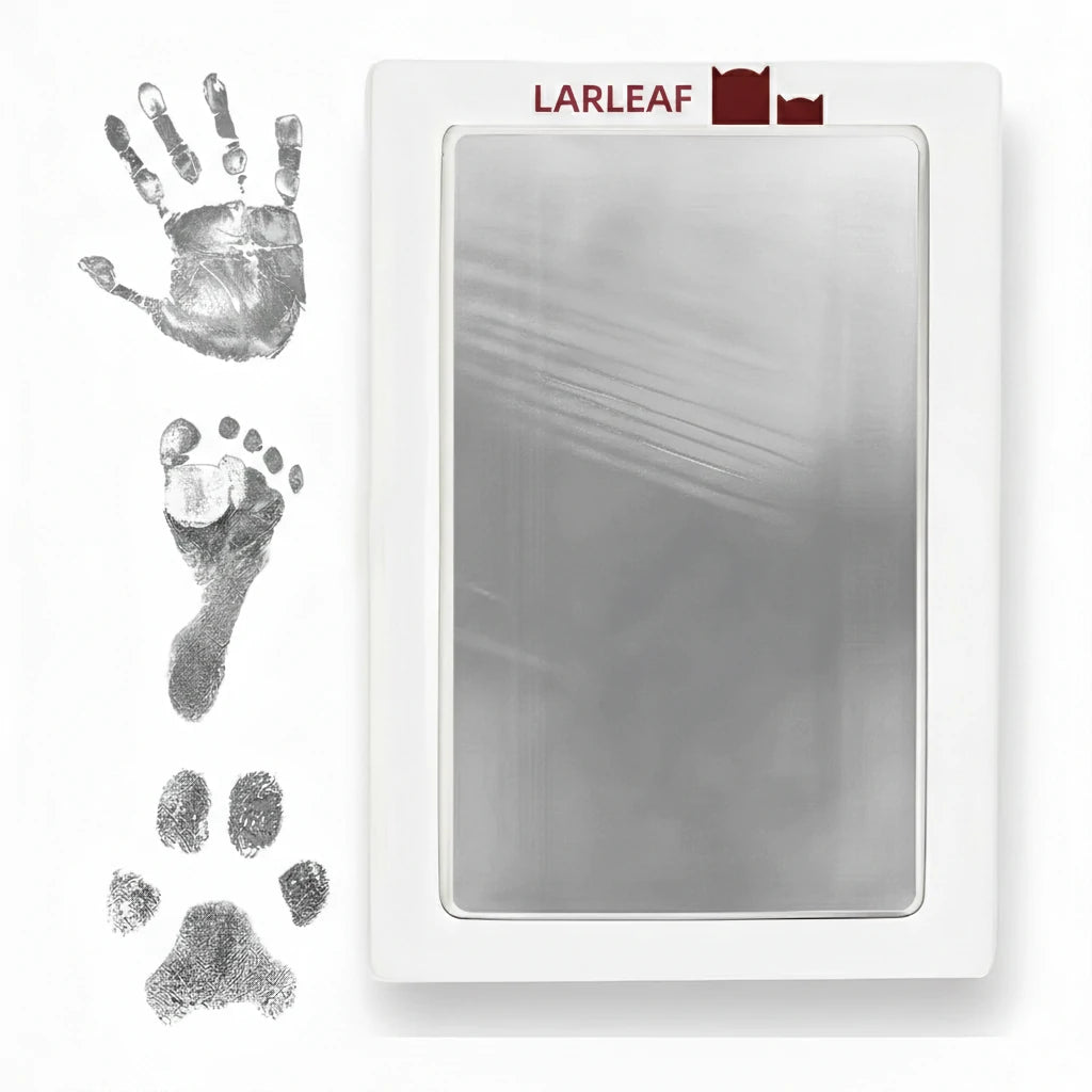 LARLEAF Silver mess free ink pad and three black ink impressions: a human handprint, a baby footprint, and a pet paw print.  Designed for newborns and pets. Capture Paw print and nose print.