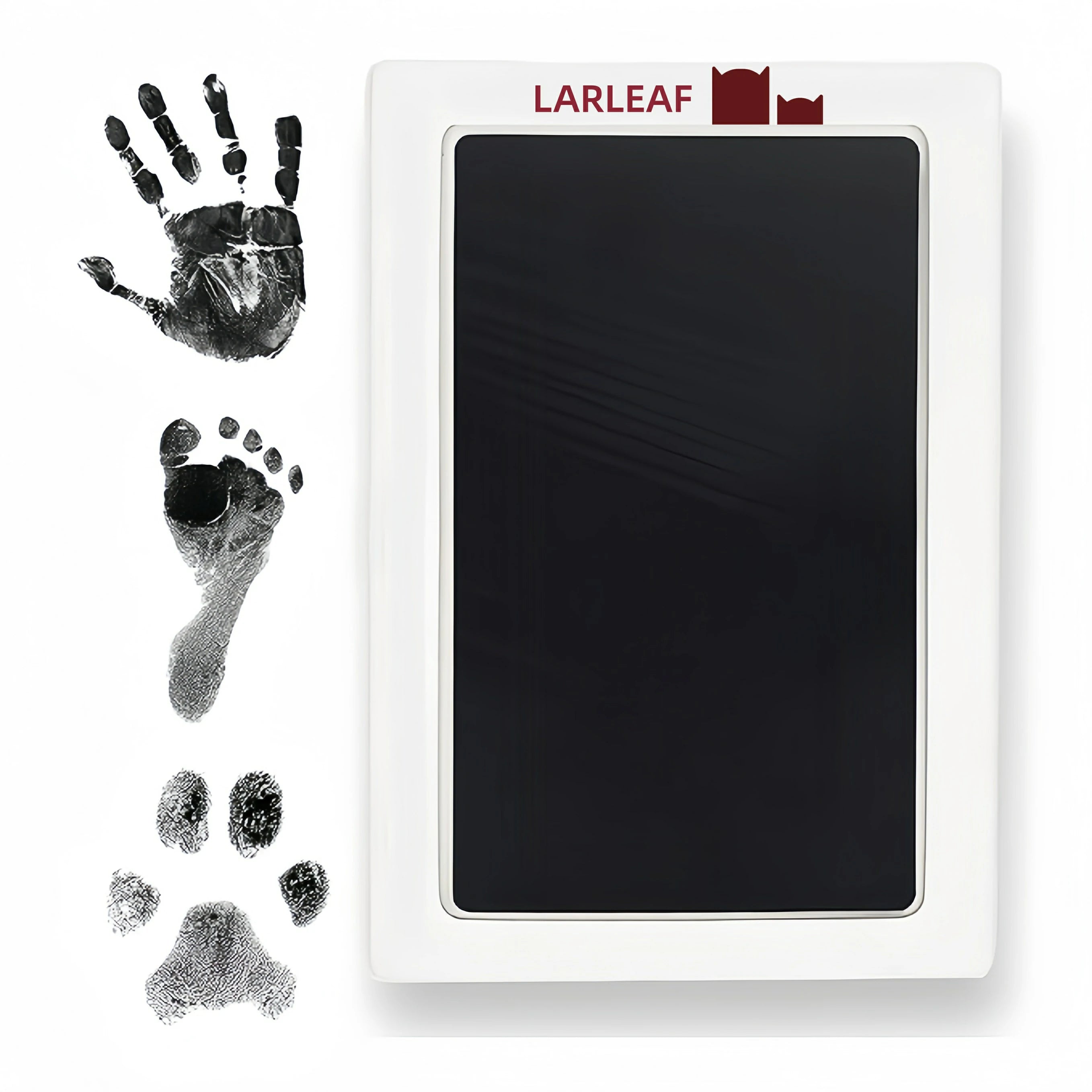LARLEAF black mess free ink pad and three black ink impressions: a human handprint, a baby footprint, and a pet paw print.  Designed for newborns and pets. Capture Paw print and nose print.