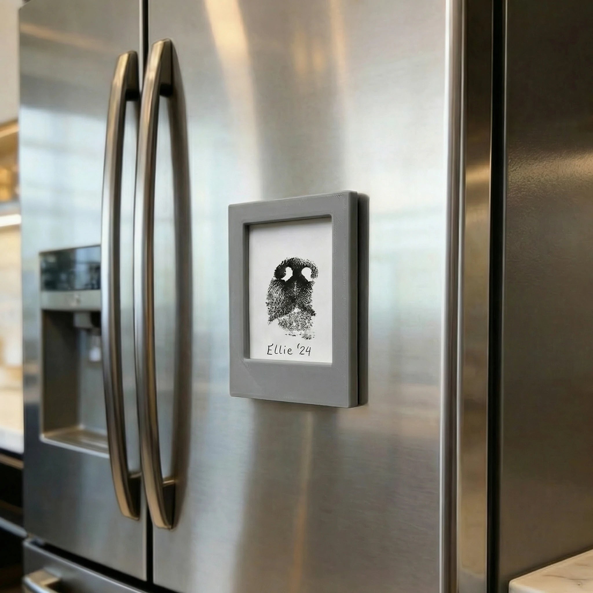 Custom Grey acrylic pet memorial magnet for fridge. Personalized dog nose print or paw print keepsake frame. Grey magnetic photo holder for sympathy gifts. A touching way to honor pets, preserving their unique print texture and memory forever.