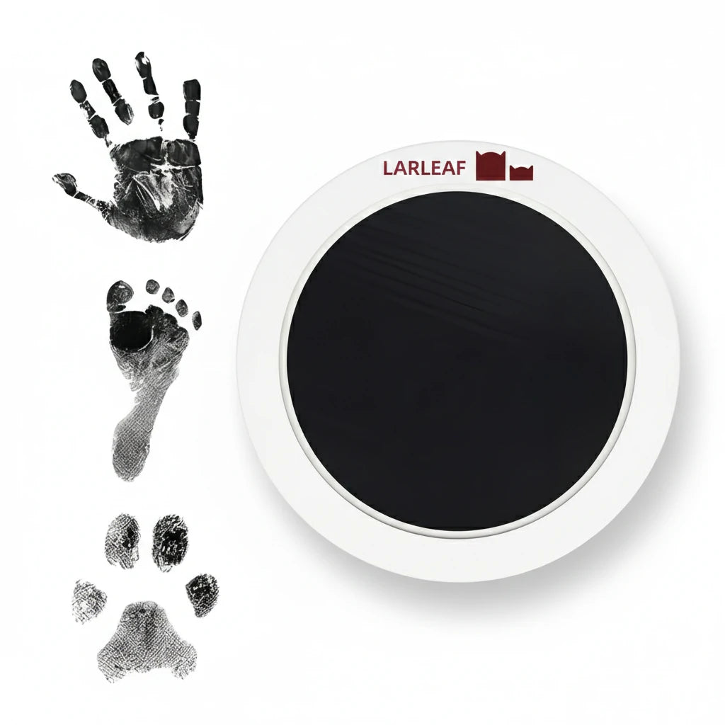LARLEAF black round mess free ink pad featuring the brand logo. Shown next to sample prints of a hand, baby foot, and dog paw print. Circular mess-free print kit ideal for DIY Pet Memorials Goods Main image