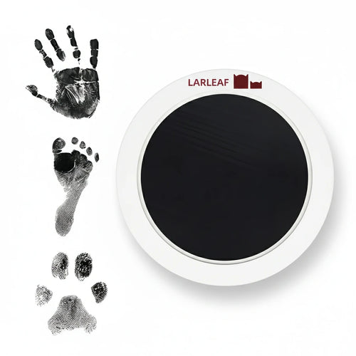 LARLEAF black round mess free ink pad featuring the brand logo. Shown next to sample prints of a hand, baby foot, and dog paw print. Circular mess-free print kit ideal for DIY Pet Memorials Goods