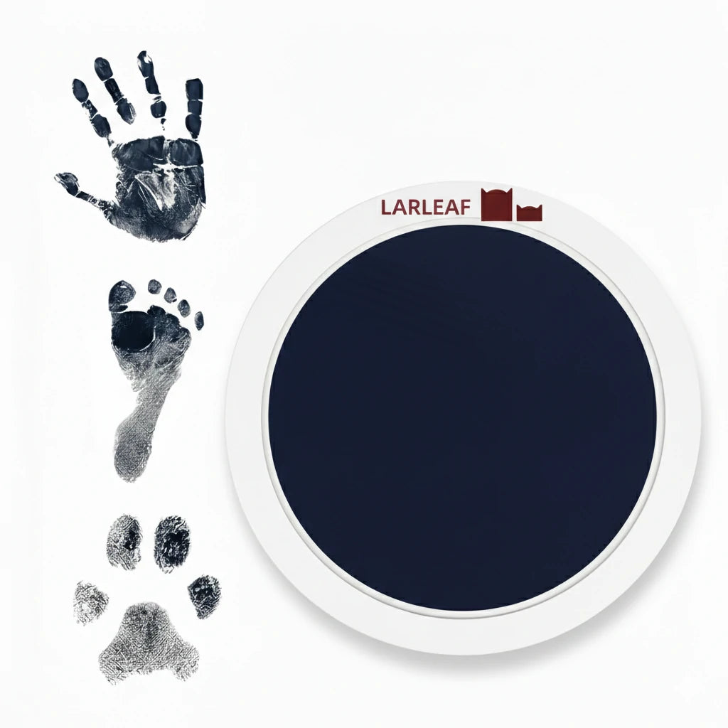 LARLEAF navy round mess free ink pad featuring the brand logo. Shown next to sample prints of a hand, baby foot, and dog paw print. Circular mess-free print kit ideal for DIY Pet Memorials Goods