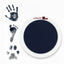 LARLEAF navy round mess free ink pad featuring the brand logo. Shown next to sample prints of a hand, baby foot, and dog paw print. Circular mess-free print kit ideal for DIY Pet Memorials Goods