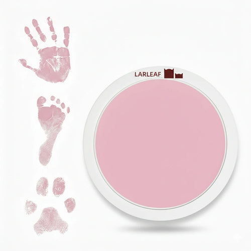 LARLEAF pink round mess free ink pad featuring the brand logo. Shown next to sample prints of a hand, baby foot, and dog paw print. Circular mess-free print kit ideal for DIY Pet Memorials Goods