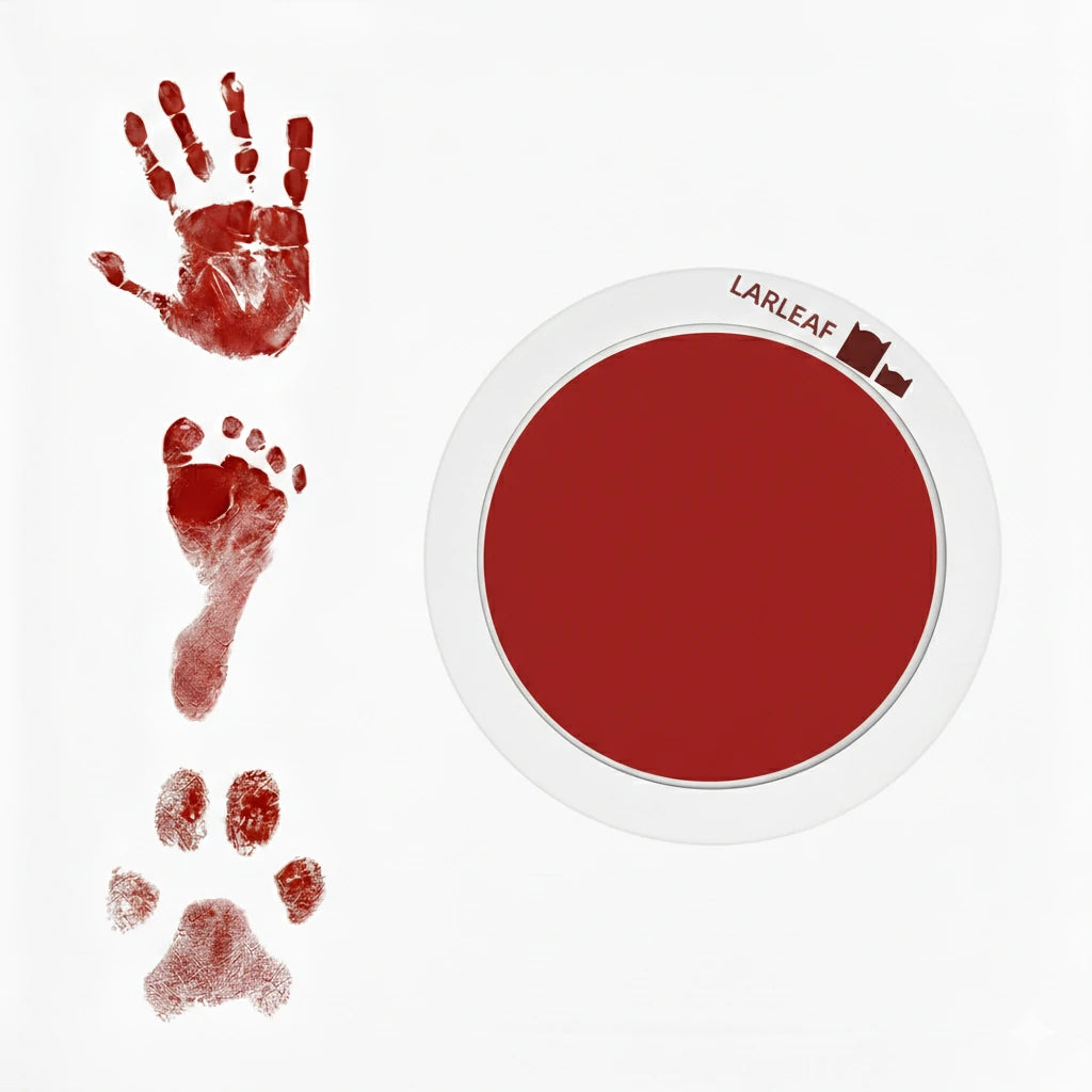 LARLEAF red round mess free ink pad featuring the brand logo. Shown next to sample prints of a hand, baby foot, and dog paw print. Circular mess-free print kit ideal for DIY Pet Memorials Goods Main image