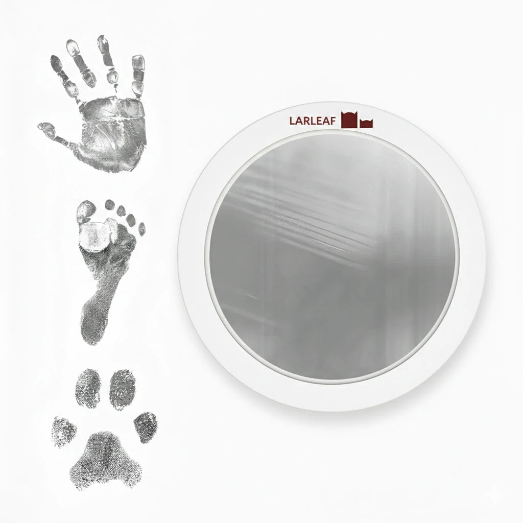 LARLEAF silver round mess free ink pad featuring the brand logo. Shown next to sample prints of a hand, baby foot, and dog paw print. Circular mess-free print kit ideal for DIY Pet Memorials Goods