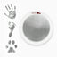 LARLEAF silver round mess free ink pad featuring the brand logo. Shown next to sample prints of a hand, baby foot, and dog paw print. Circular mess-free print kit ideal for DIY Pet Memorials Goods
