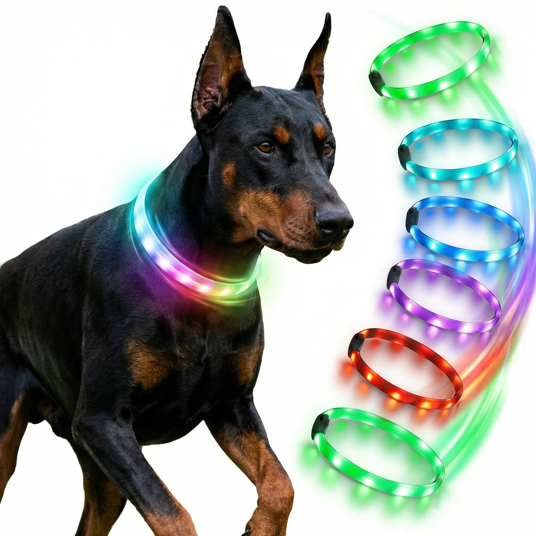 Black Doberman wearing Larleaf rainbow LED dog collar for night safety. High visibility glowing collar available in multiple colors (Green, Blue, Red, Pink) for dark evening walks.