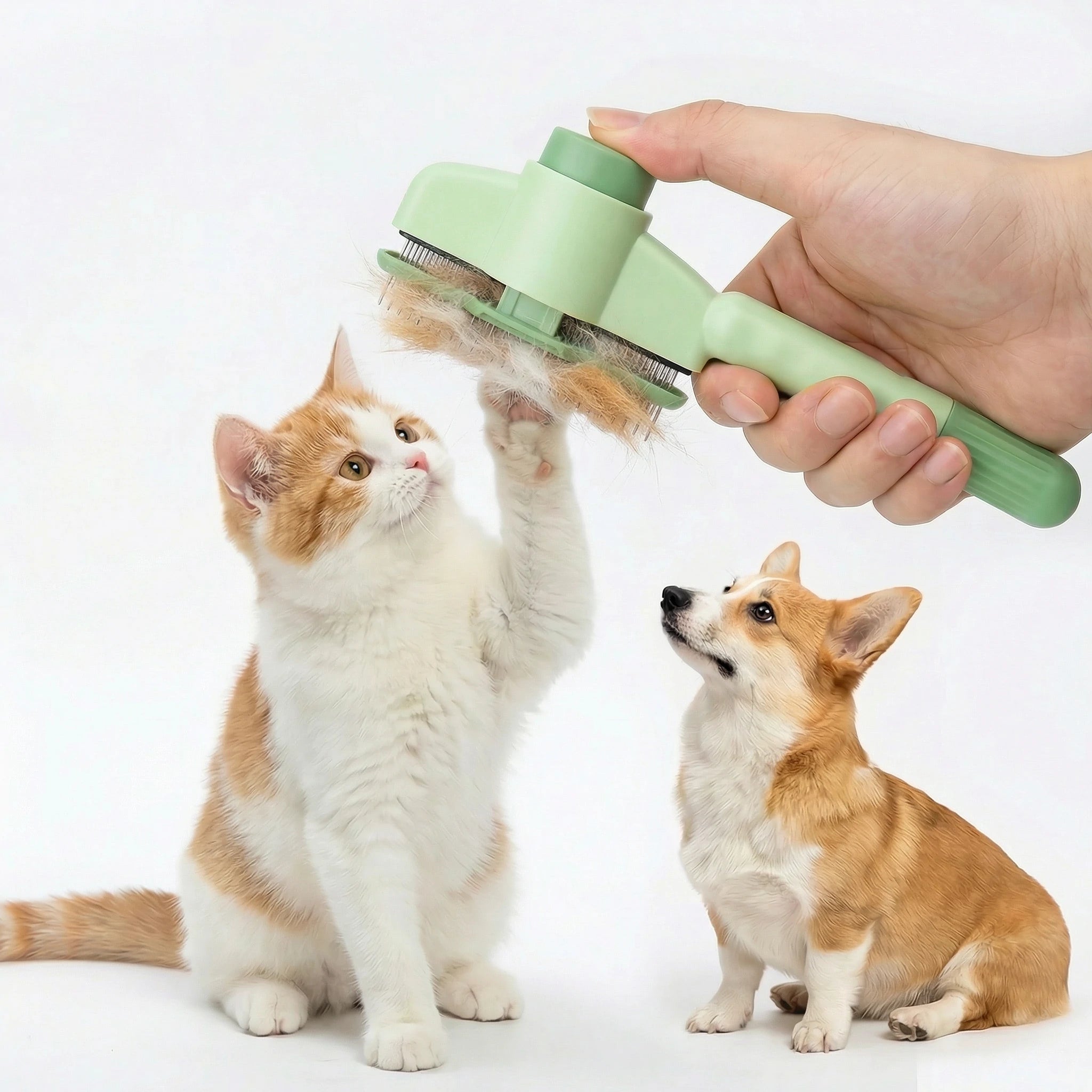 Larleaf green self-cleaning pet slicker brush shown in two views. One view displays the side profile with stainless steel bristles, and the other shows a hand pressing the cleaning button to release fur. A white cat and a Corgi dog are featured in the background Main image