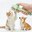Larleaf green self-cleaning pet slicker brush shown in two views. One view displays the side profile with stainless steel bristles, and the other shows a hand pressing the cleaning button to release fur. A white cat and a Corgi dog are featured in the background