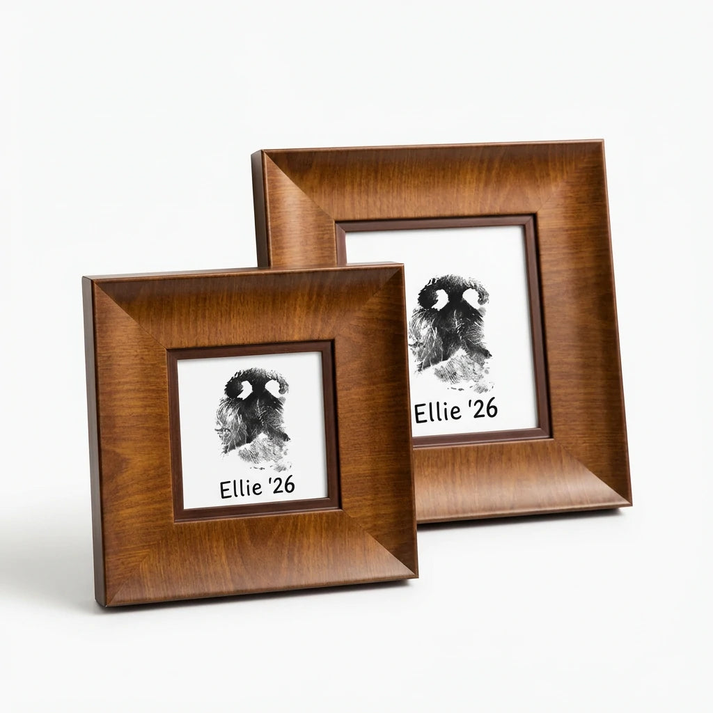 Personalized dog nose print memorial frame made of premium wood. This custom pet loss sympathy gift features a real nose impression art with personalized name 'Ellie 26'. A touching bereavement keepsake for grieving dog owners to honor their best friend forever in a classic square wooden design.