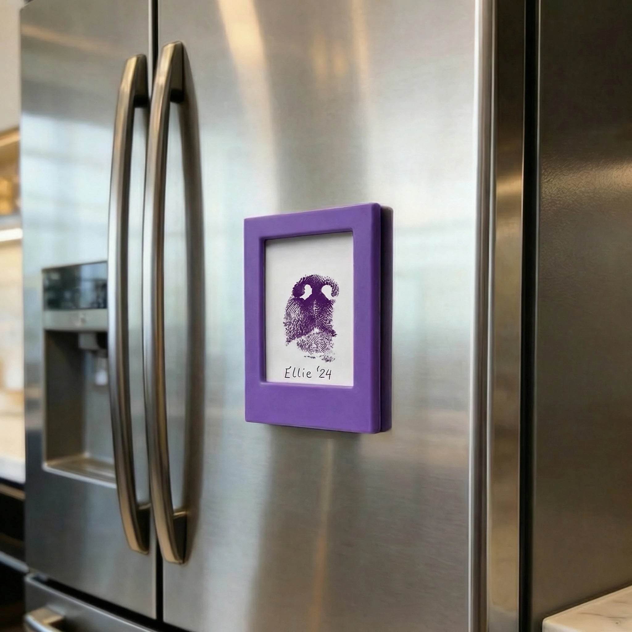 Custom Purple acrylic pet memorial magnet for fridge. Personalized dog nose print or paw print keepsake frame. Purple magnetic photo holder for sympathy gifts. A touching way to honor pets, preserving their unique print texture and memory forever.
