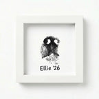 Direct front view of pristine white wooden pet memorial shadow box frame featuring a detailed dog nose print (snout print). Shows custom text example 'Ellie '26' below the ink impression. A pure, minimalist sympathy gift to honor a pet's memory