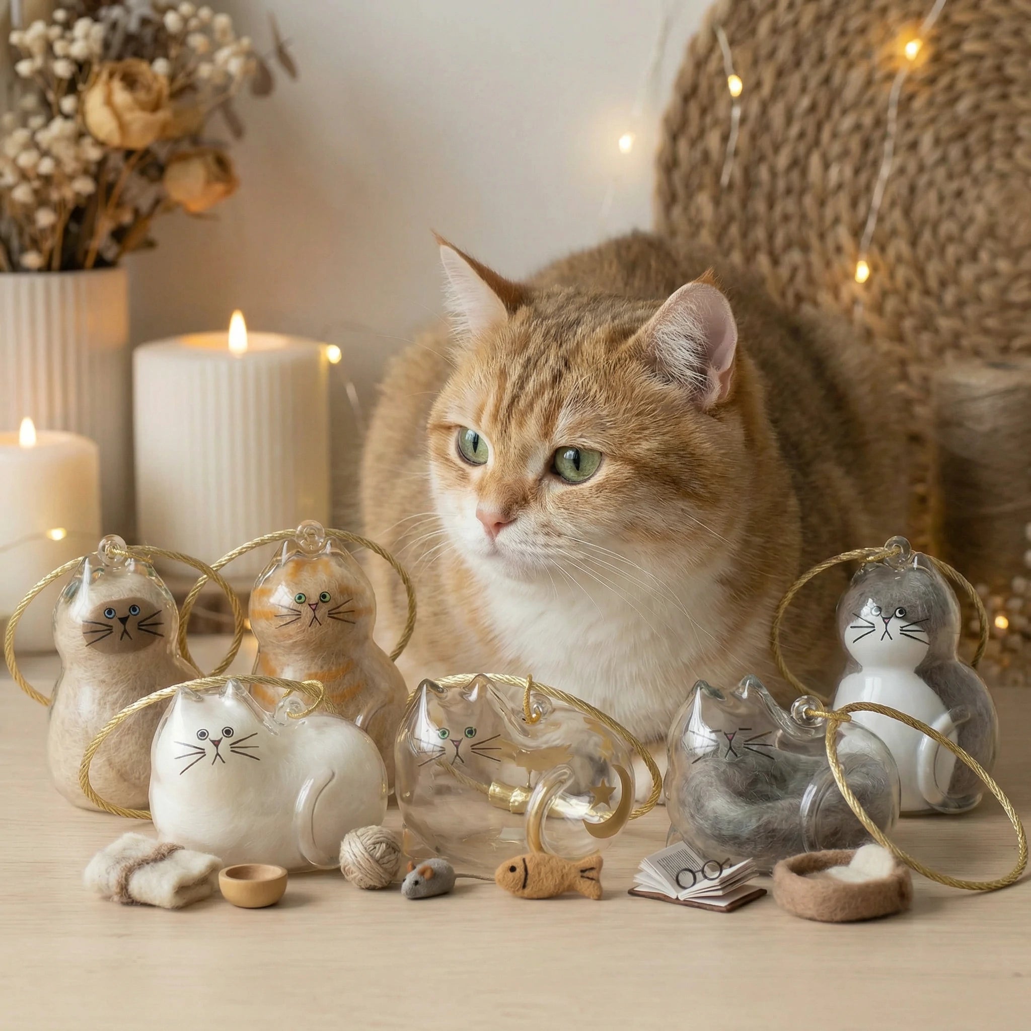 A collection of Larleaf cat-shaped clear keychains designed for pet hair storage. These memorial containers allow pet owners to keep a lock of fur as a souvenir. Features cute cat faces and golden wire loops for hanging.