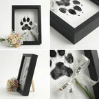 Collage view of black wooden pet memorial shadow box frame. Features corner wood texture, side profile with support stand, and interior paw print tribute with 'Best Wish For You' ribbon. An elegant dark finish sympathy gift for dog or cat loss