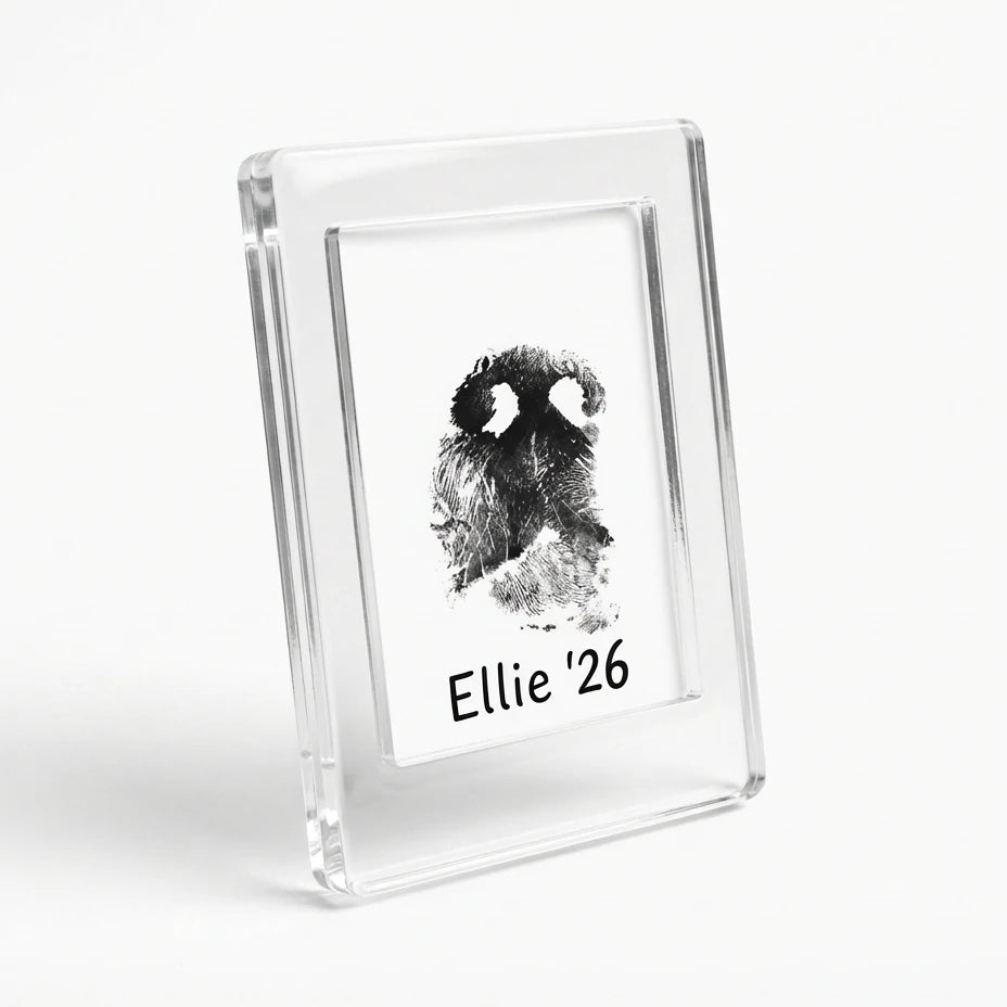 Custom acrylic pet memorial magnet for fridge. Personalized dog nose print or paw print keepsake frame. Clear magnetic photo holder for sympathy gifts. A touching way to honor pets, preserving their unique print texture and memory forever. Main image
