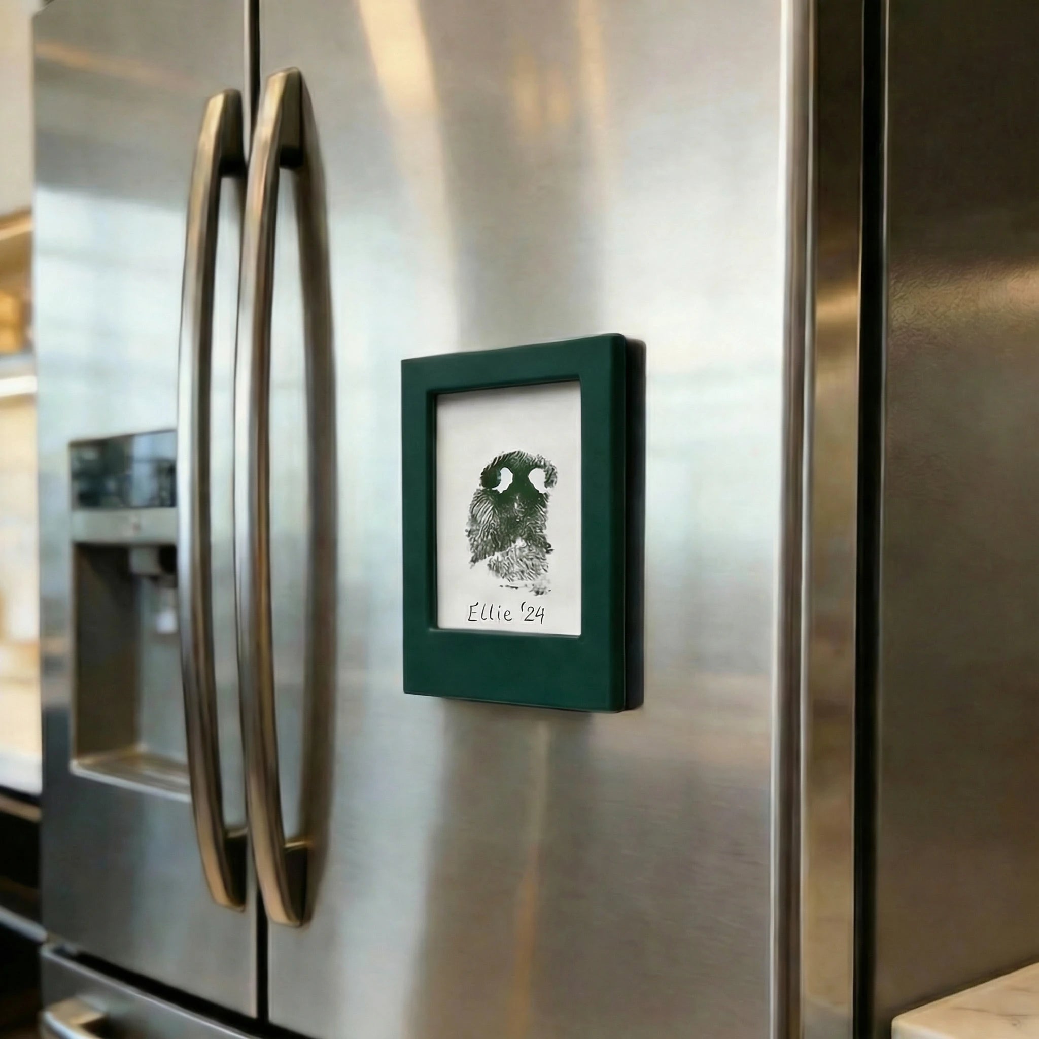 Custom green acrylic pet memorial magnet for fridge. Personalized dog nose print or paw print keepsake frame. Green magnetic photo holder for sympathy gifts. A touching way to honor pets, preserving their unique print texture and memory forever.