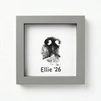 Direct front view of modern grey pet memorial shadow box frame with a distinct dog nose print impression (snout print). Shows personalized custom text example 'Ellie '26' centered below. A unique, minimalist sympathy gift for keeping a pet's memory alive forever.
