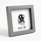 Modern grey pet memorial shadow box frame featuring a detailed dog nose print impression (snout print). Shows personalized custom text example 'Ellie '26' below the ink print. Angled view of deep frame suitable for shelf or tabletop display. A unique, minimalist sympathy gift for pet loss remembrance