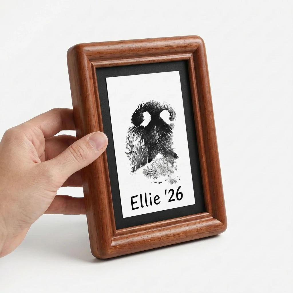 A touching pet sympathy gift: Hand holding a finished rosewood print frame. The smooth rounded edges and premium black mat create a dignified tribute. Perfect for keeping a personalized nose print of a beloved dog close to your heart.
