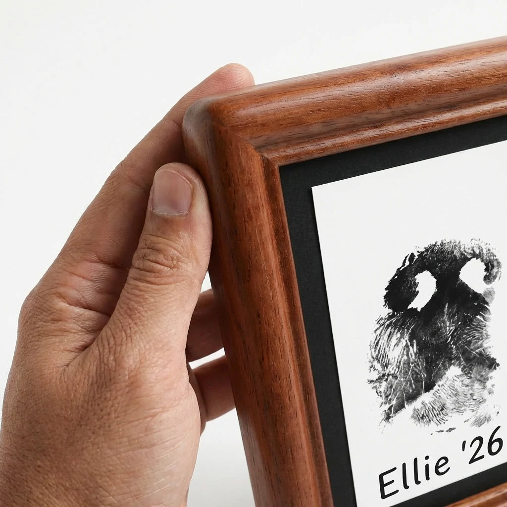 Hand inspecting the finish of a classic rosewood dog frame. Focuses on the joinery and the elegant rounded design. This vertical frame features a black insert to make the white nose print art pop. A high-quality traditional keepsake.