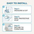 Easy installation guide for Larleaf furniture protector: Step 1 Measure & Cut, Step 2 Peel Protective Film, Step 3 Secure to Furniture using twist pins