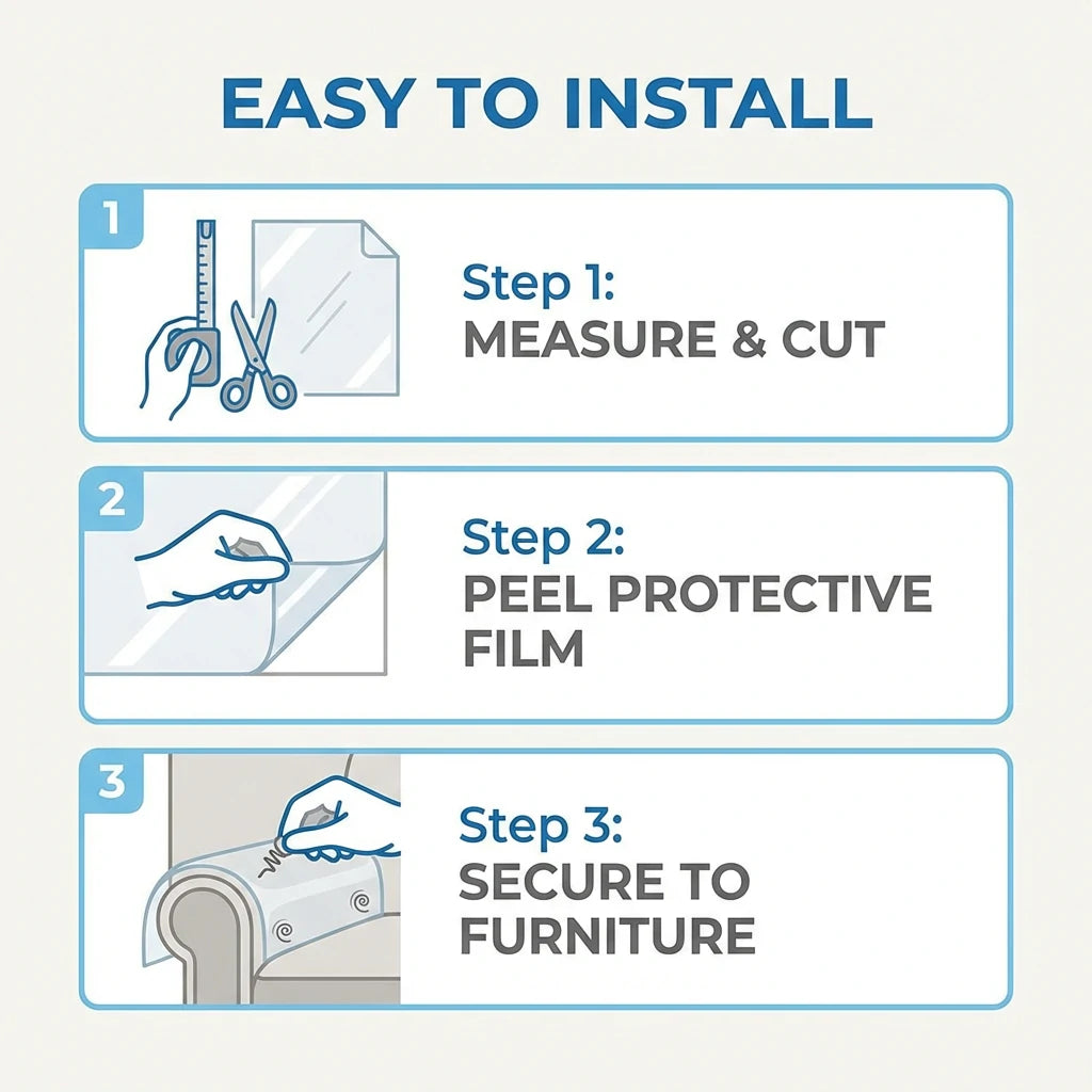 Easy installation guide for Larleaf furniture protector: Step 1 Measure & Cut, Step 2 Peel Protective Film, Step 3 Secure to Furniture using twist pins