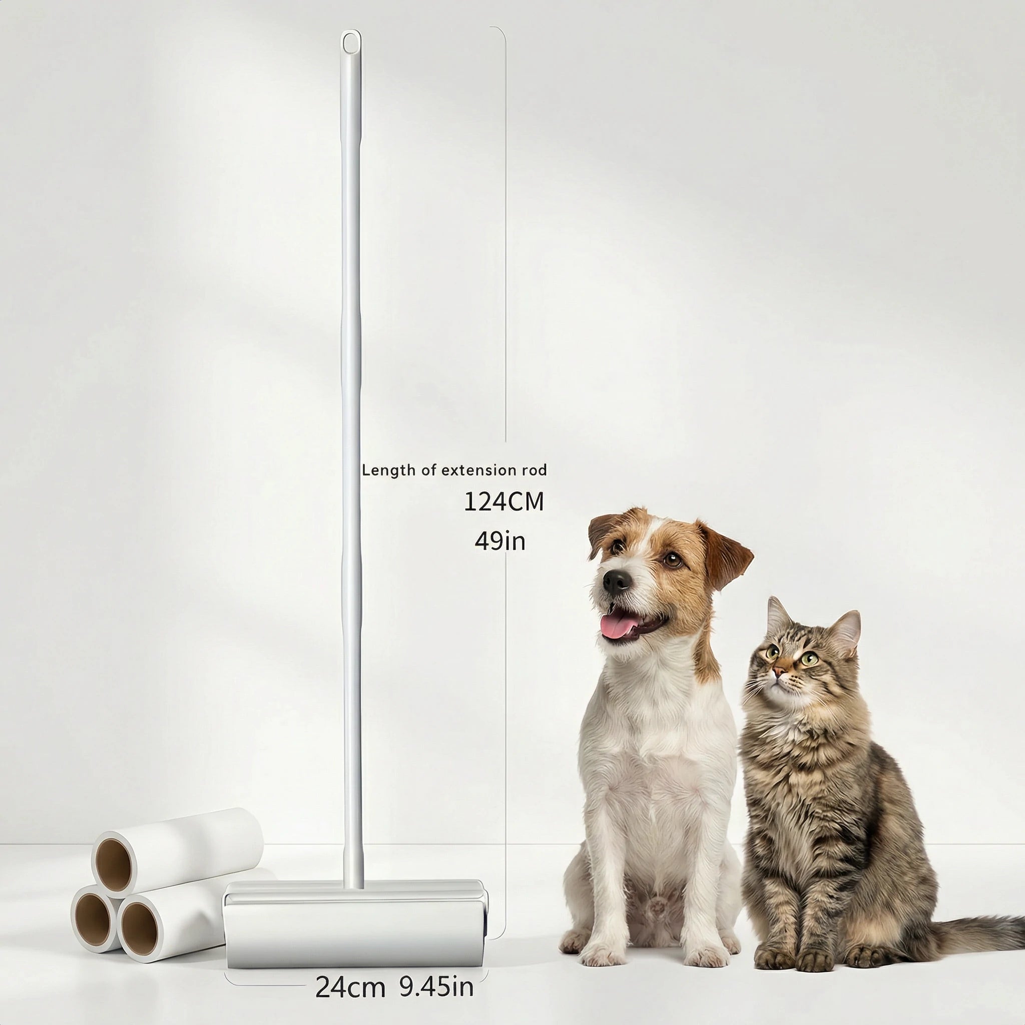 Larleaf large sticky lint roller with 49 inch extension handle and 4 extra refill rolls. 9.45 inch wide surface perfect for removing pet hair from carpets, floors, and sofas.