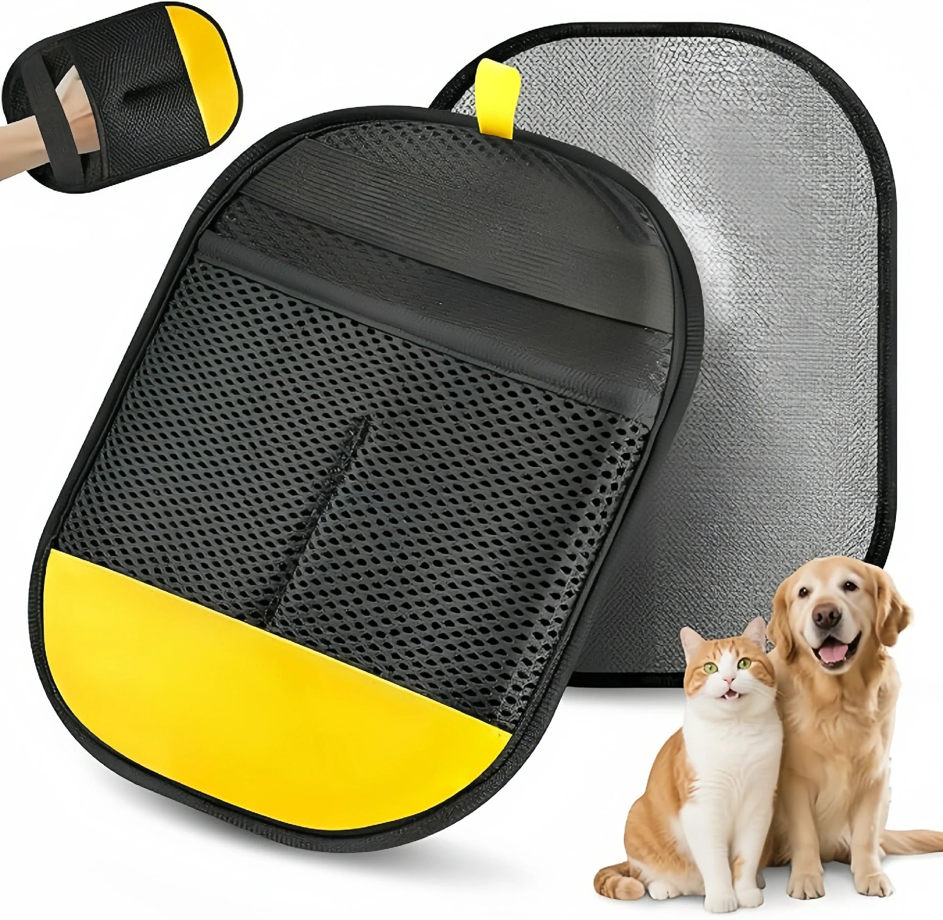 Larleaf car side window sunshade featuring a built-in mesh storage pocket and yellow trim. Shows dual-sided design with silver UV reflective backing and breathable black mesh. Includes hand strap for easy installation. Ideal for protecting pets from sun glare. Main image