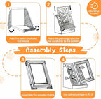 4-step assembly guide for Larleaf cat house. Step 1: Fold semi-enclosed house. Step 2: Insert paintings and scratcher. Step 3: Assemble wooden frame. Step 4: Fix with tape. Easy setup in 5 minutes.