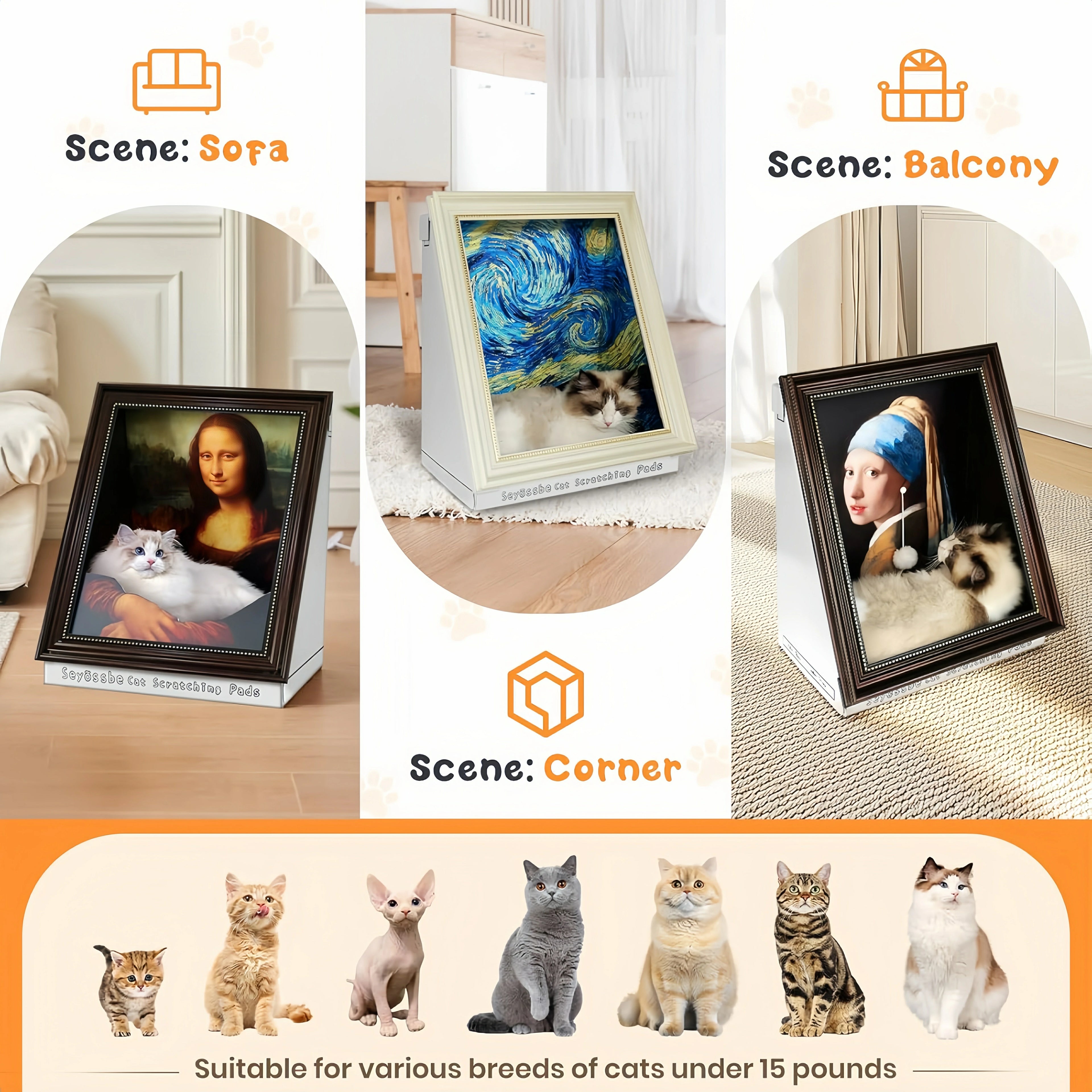 Larleaf artistic cat houses shown in various home settings: Mona Lisa style by the sofa, Starry Night on the balcony, and Girl with a Pearl Earring in the corner. Suitable for various cat breeds under 15 pounds.