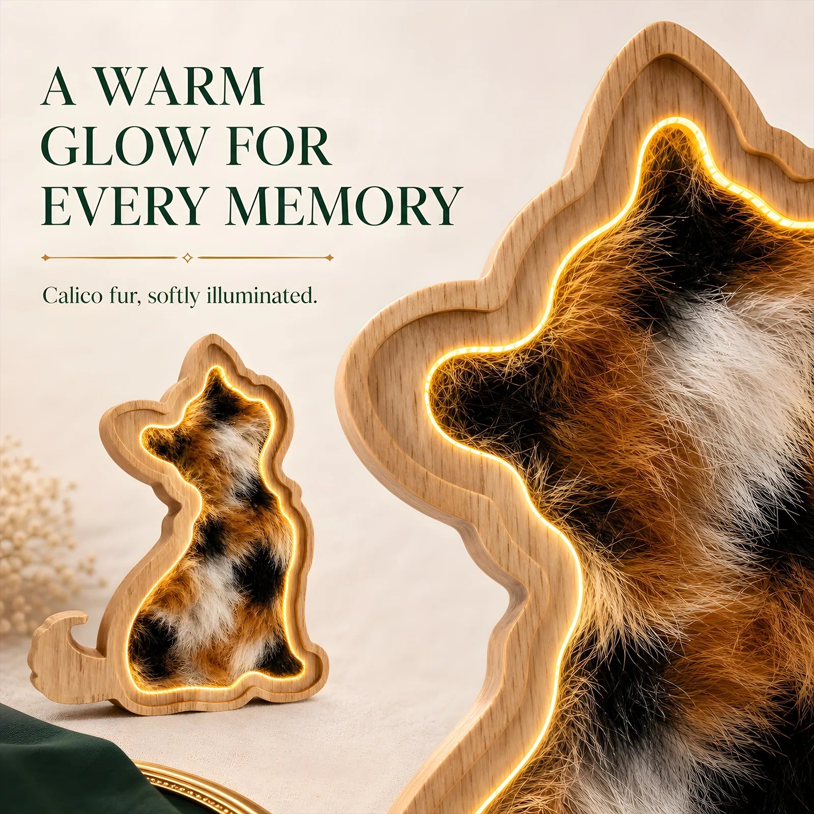Warm LED glow detail on the cat-shaped oak pet fur keepsake frame