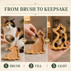 Three-step cat fur keepsake process: brush, fill, and light