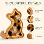 Oak frame, warm LED ring, clear front panel, and cat fur display details