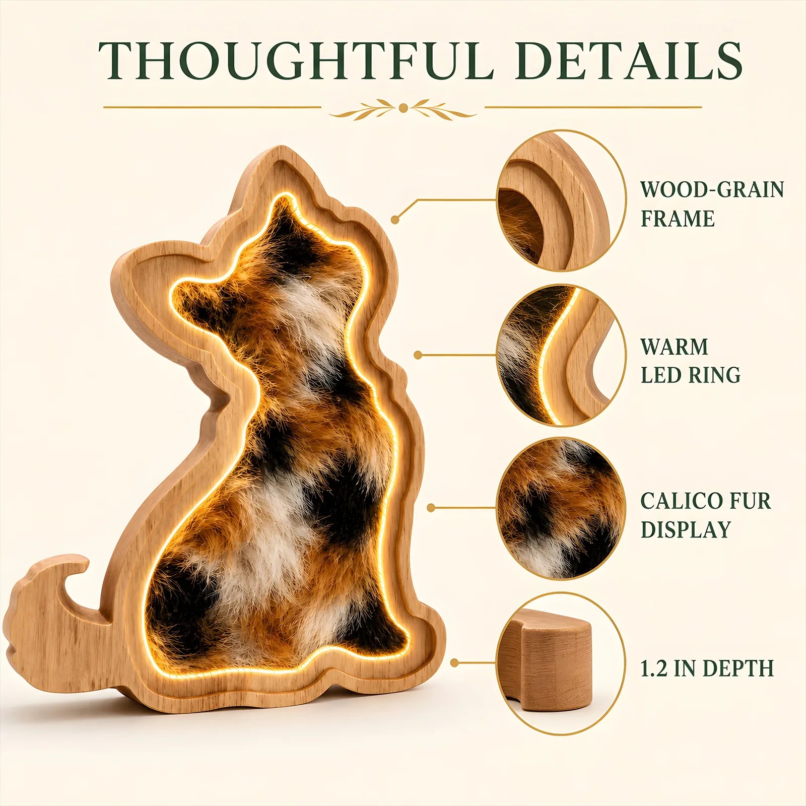 Oak frame, warm LED ring, clear front panel, and cat fur display details