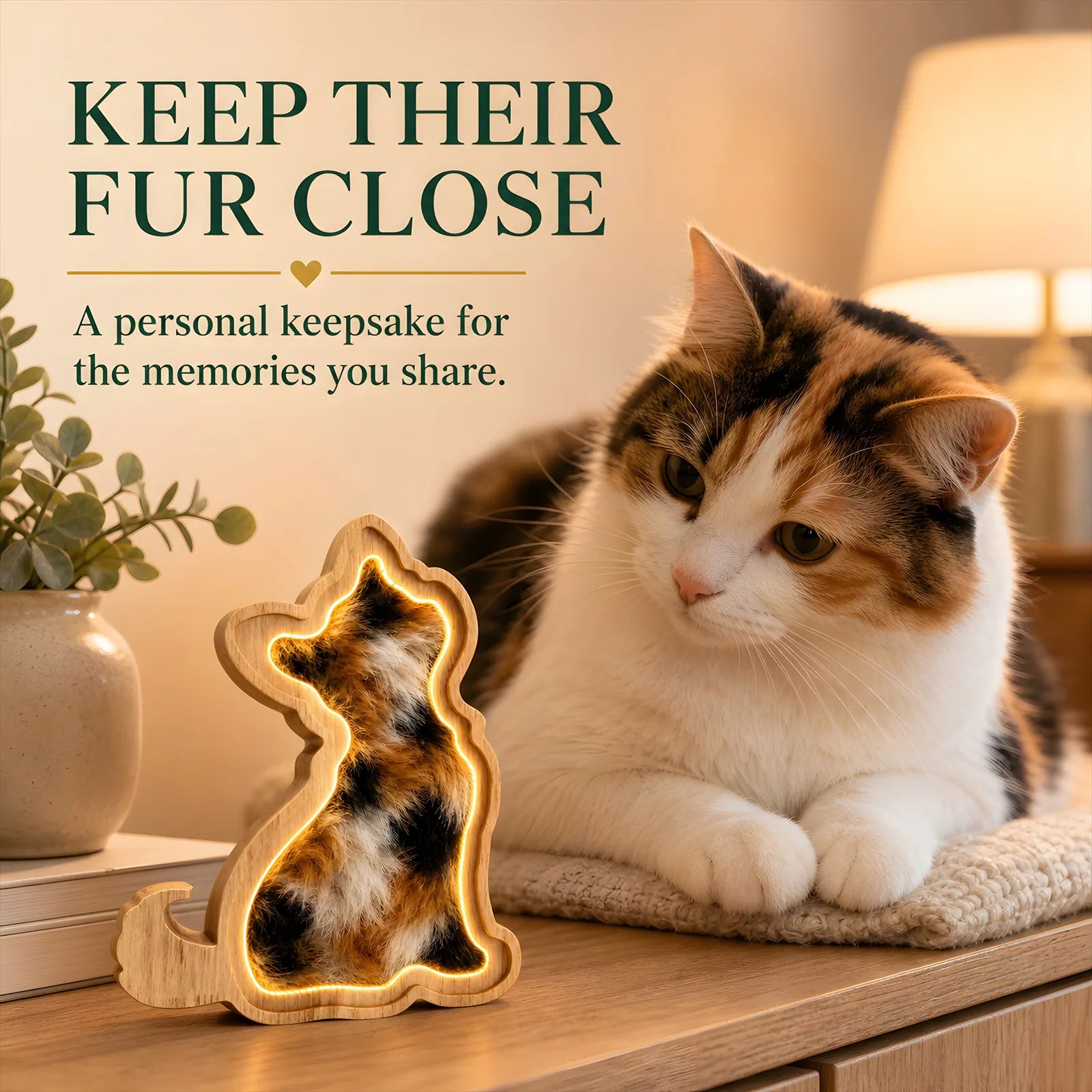 Cat-shaped oak LED pet fur keepsake frame in a home display