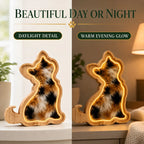 Cat-shaped oak LED pet fur keepsake frame shown in daylight and evening