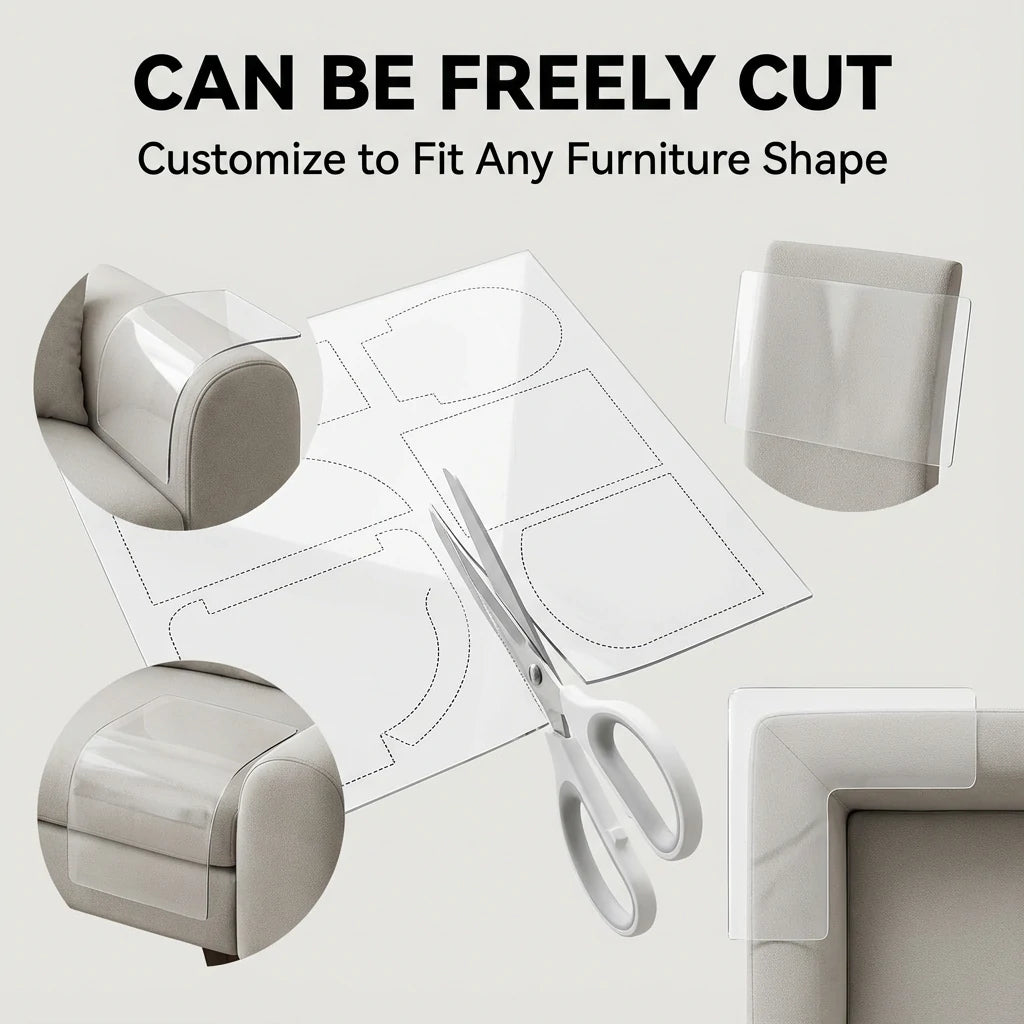 Larleaf cat scratch protector sheet being cut with scissors to fit different furniture shapes. Customizable clear film for sofa armrests, corners, and irregular surfaces.