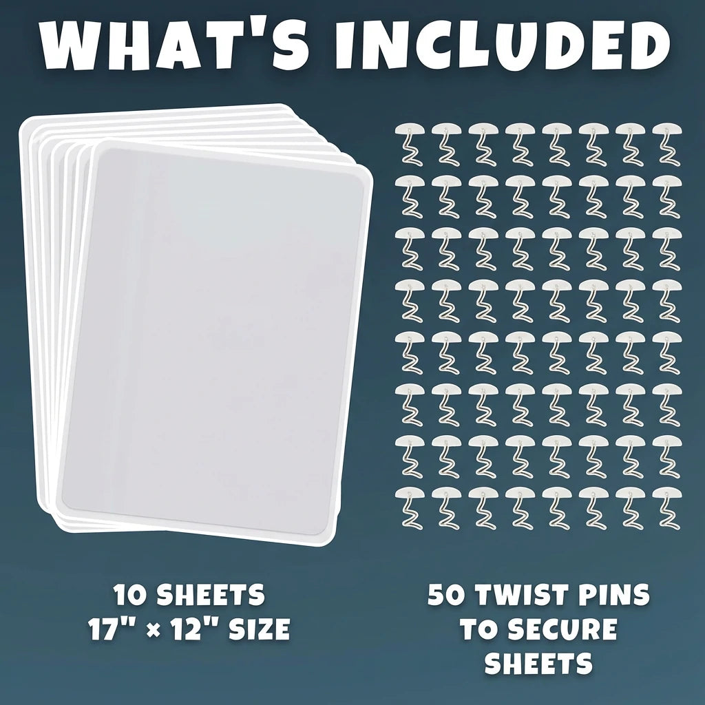 Package contents of Larleaf Cat Scratch Protector kit: 10 large clear sheets (17x12 inches) and 50 twist pins for secure installation.