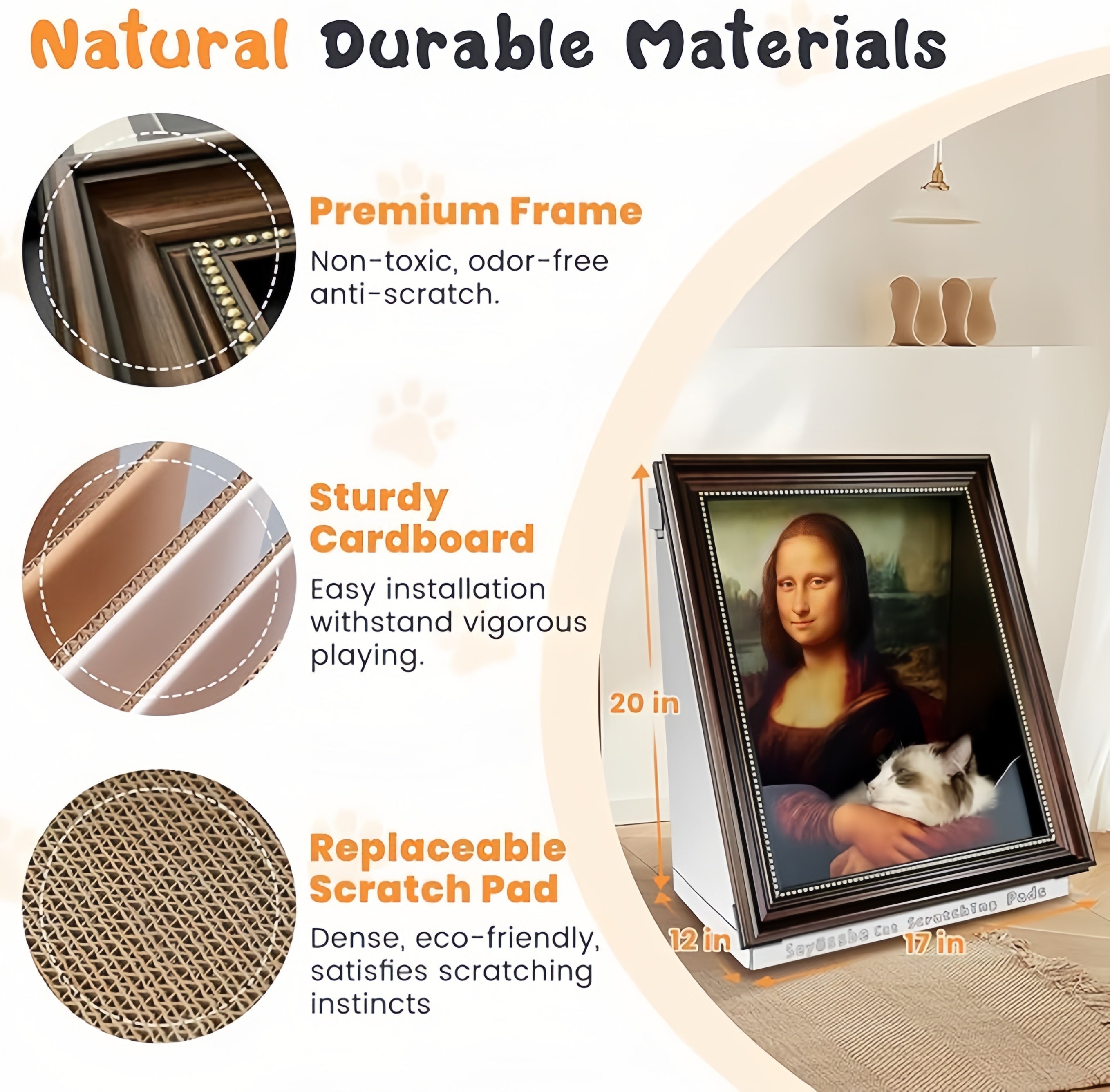 Material details of Larleaf cat scratcher: Premium non-toxic frame, sturdy cardboard structure that withstands vigorous playing, and dense eco-friendly replaceable scratch pad.