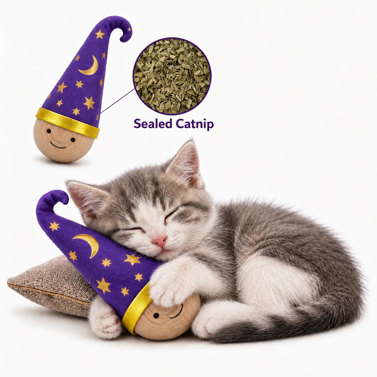 Larleaf purple wizard-hat catnip wobble toy beside a resting kitten Main image