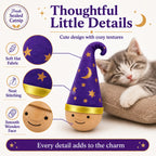 Larleaf wizard-hat catnip wobble toy feature overview with a resting kitten