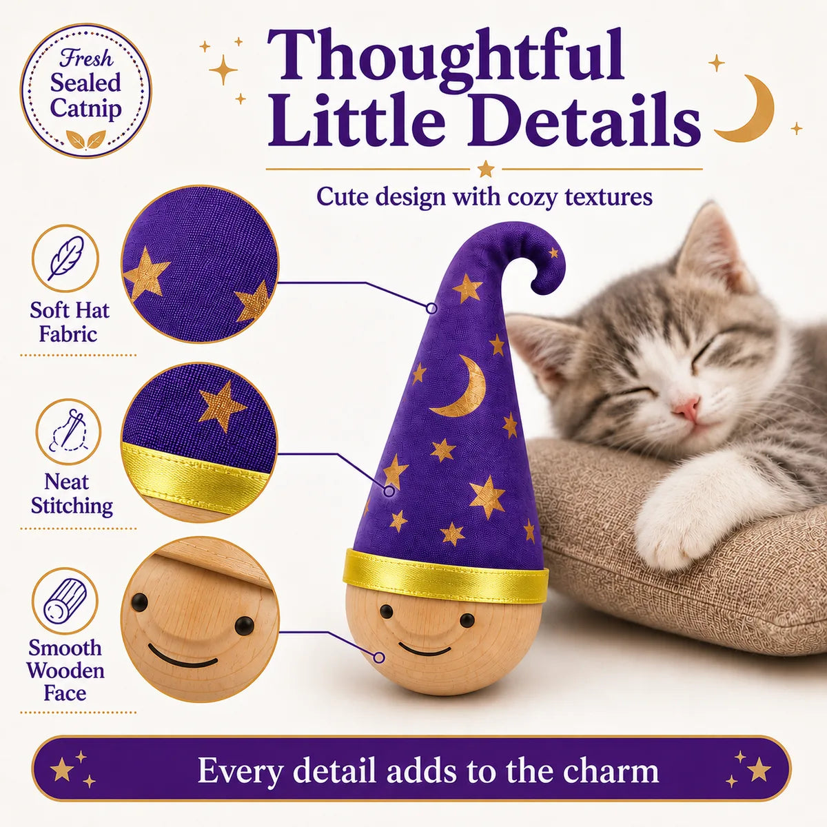 Larleaf wizard-hat catnip wobble toy feature overview with a resting kitten