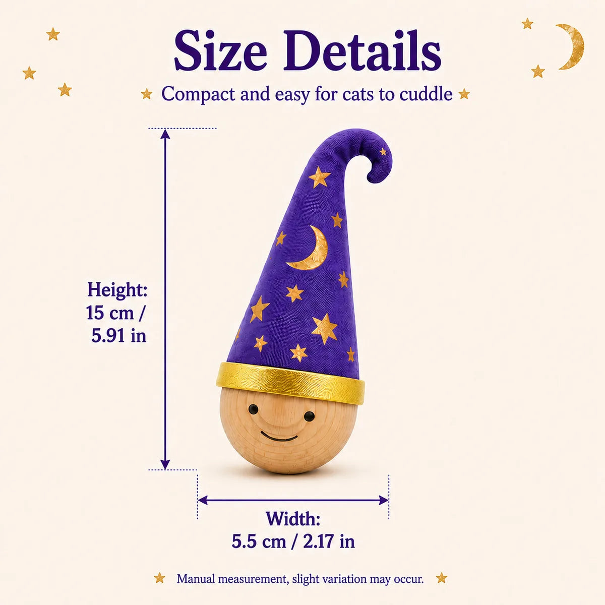 Larleaf catnip wobble toy size guide showing approximately 15 cm high and 5.5 cm wide